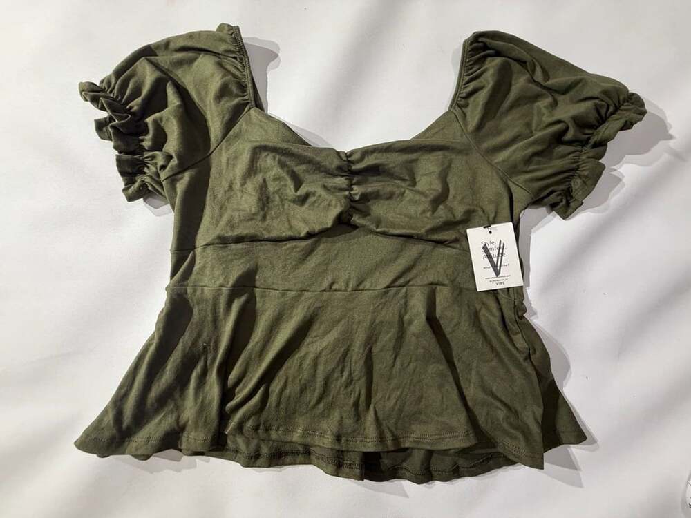 Vibe Olive Green Puff Short Sleeve Peplum Blouse Womens XL NWT